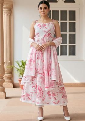 White Printed Cotton A Line Kurta Sets