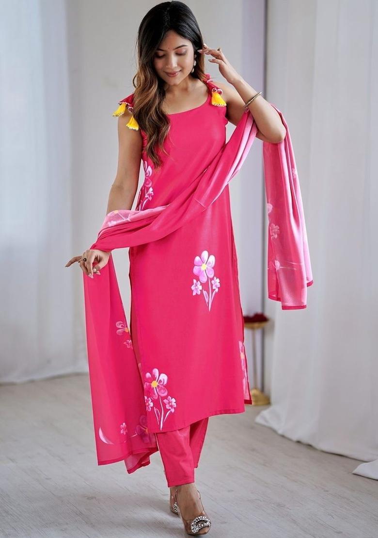 Pink Printed Viscose Straight Kurta Sets - Indya