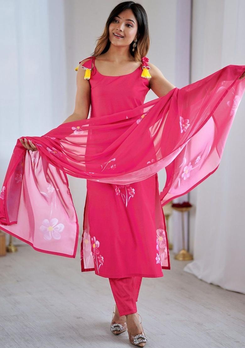Pink Printed Silk Straight Kurta Sets - Indya