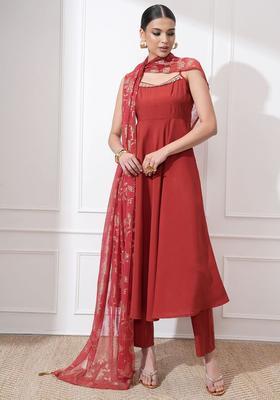 Red Solid Viscose A Line Kurta Sets