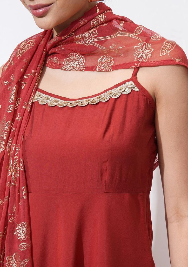 Red Solid Viscose A Line Kurta Sets - Indya