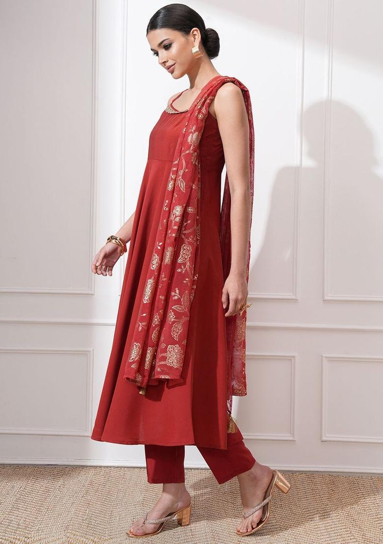 Red Solid Viscose A Line Kurta Sets - Indya