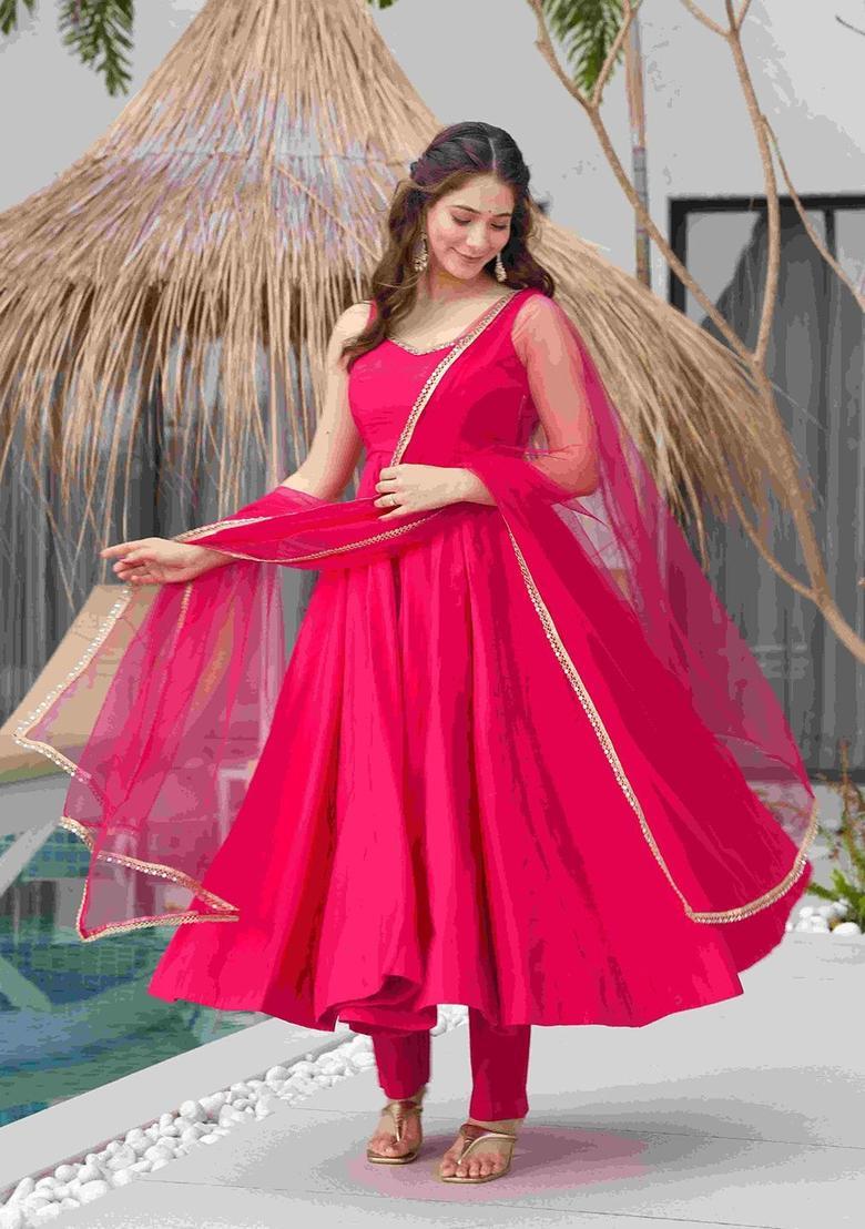 Pink Embroidered Silk Anarkali Sets - Indya