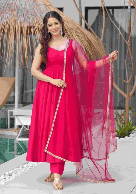 Pink Embroidered Silk Anarkali Sets — view on Indya