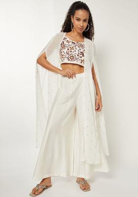 Off White Embroidered Polyester Kurtas