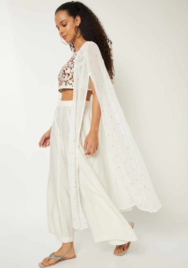 Off White Embroidered Polyester Kurtas - Indya