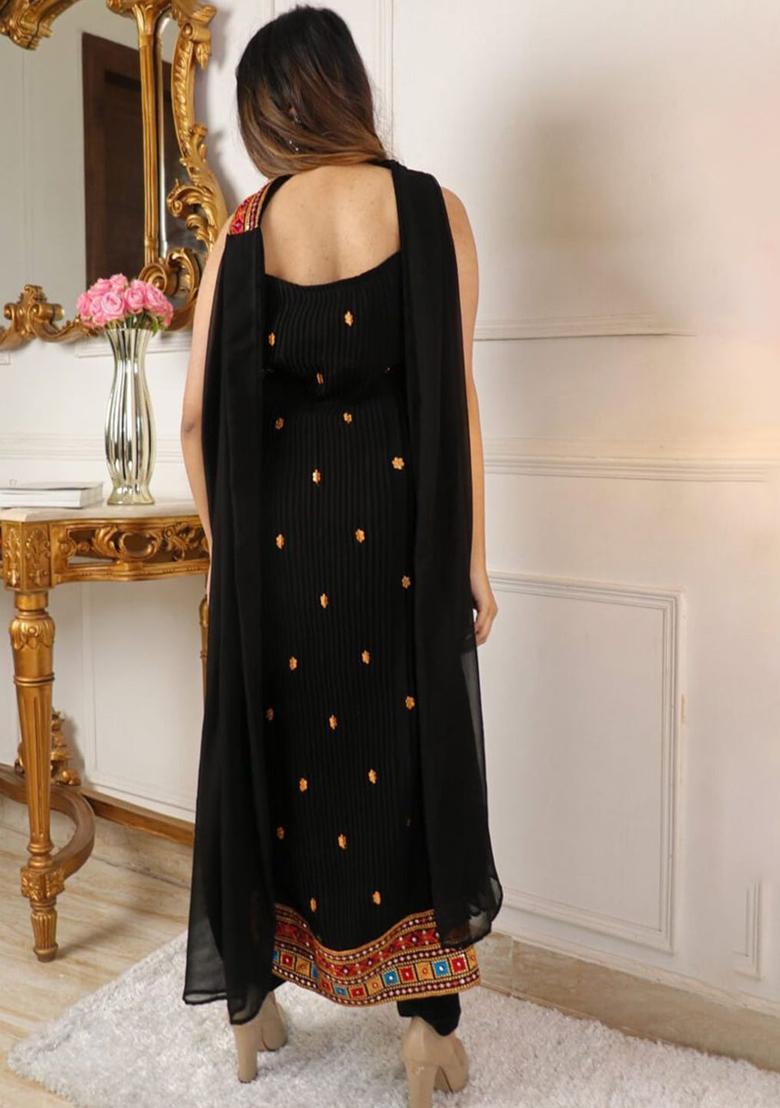 Black Embroidered Georgette Straight Kurta Sets - Indya