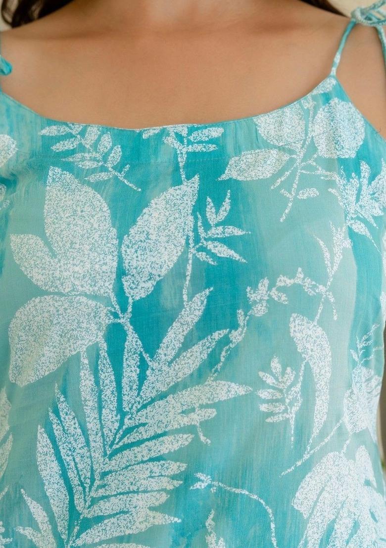 Turquoise Blue Printed Cotton Straight Kurta Sets - Indya