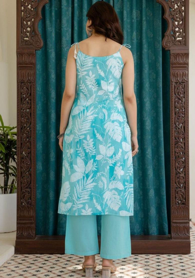 Turquoise Blue Printed Cotton Straight Kurta Sets - Indya