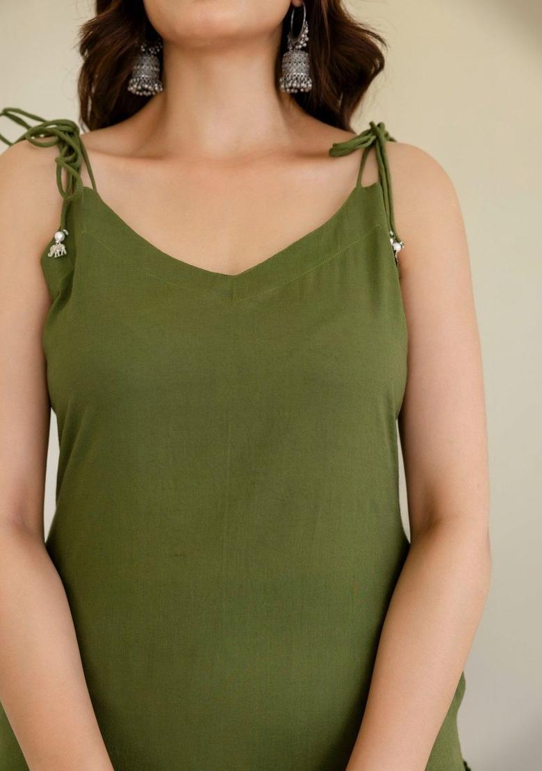 Olive Solid Cotton Straight Kurta Sets - Indya