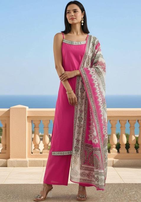 Pink Solid Silk Straight Kurta Sets — view on Indya