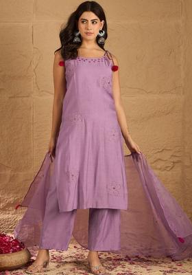 Lavender Embroidered Silk Straight Kurta Sets