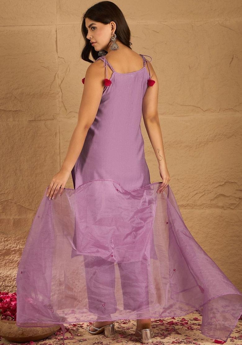 Lavender Embroidered Silk Straight Kurta Sets - Indya