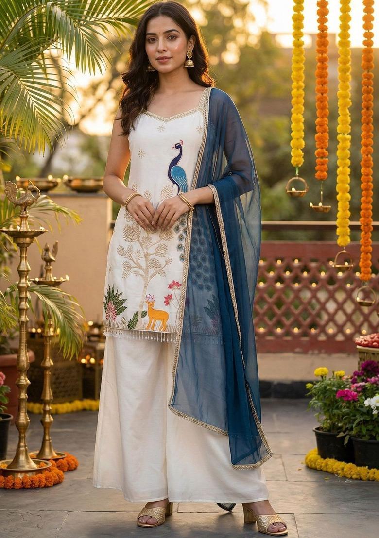 Off White Embroidered Chinon Straight Kurta Sets - Indya