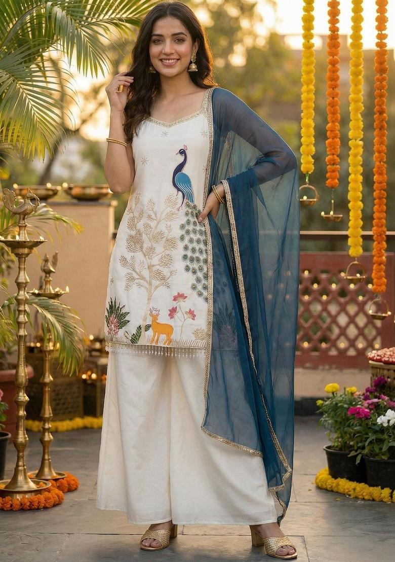 Off White Embroidered Chinon Straight Kurta Sets - Indya