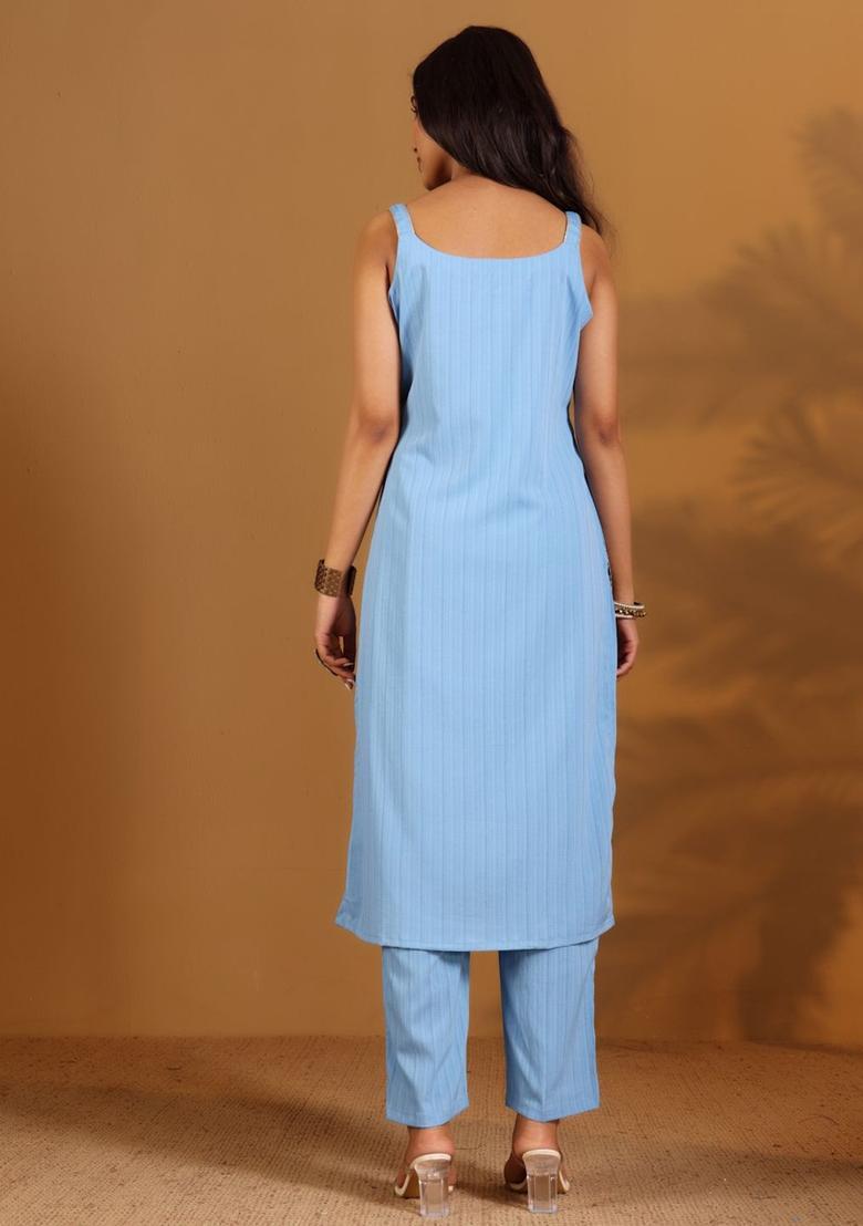 Blue Printed Silk Straight Kurta Sets - Indya