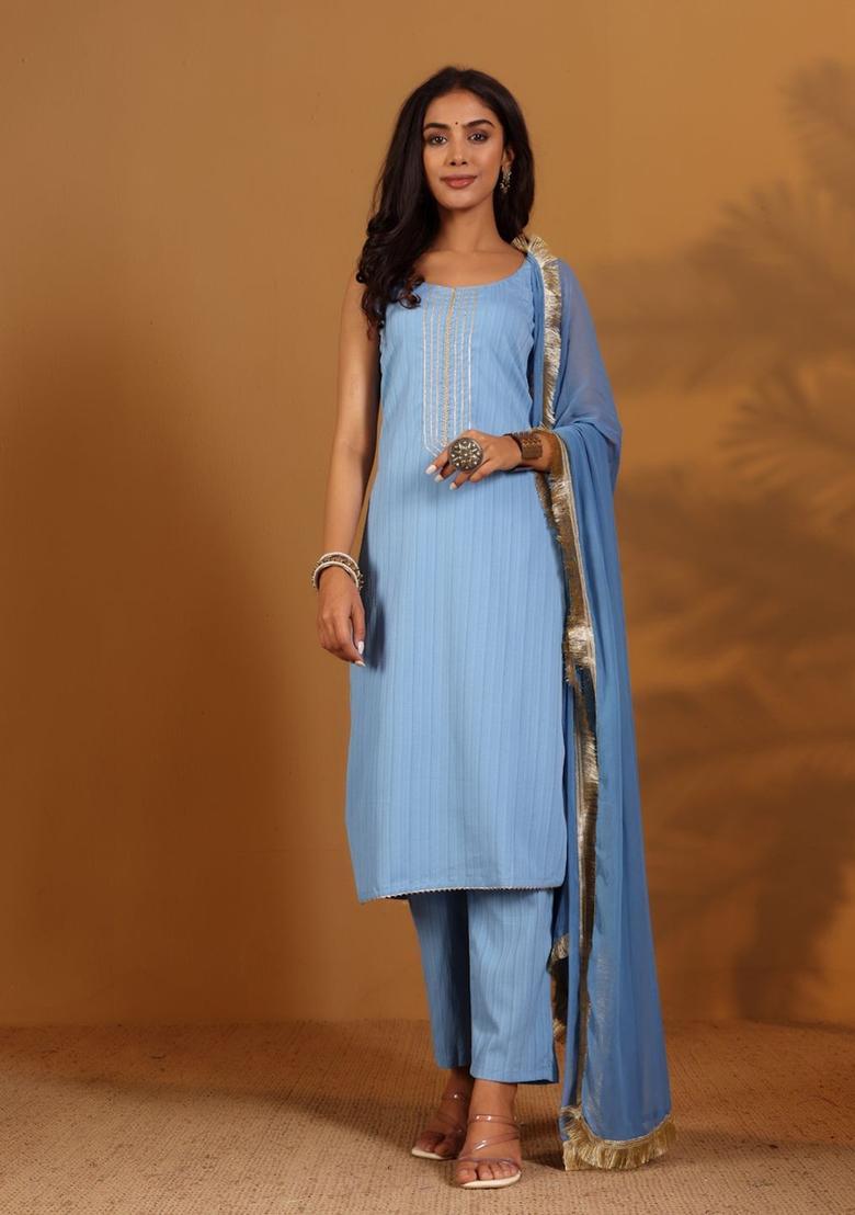 Blue Printed Silk Straight Kurta Sets - Indya