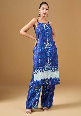 Blue Printed Viscose Straight Kurta Sets