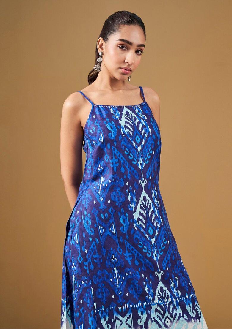 Blue Printed Viscose Straight Kurta Sets - Indya