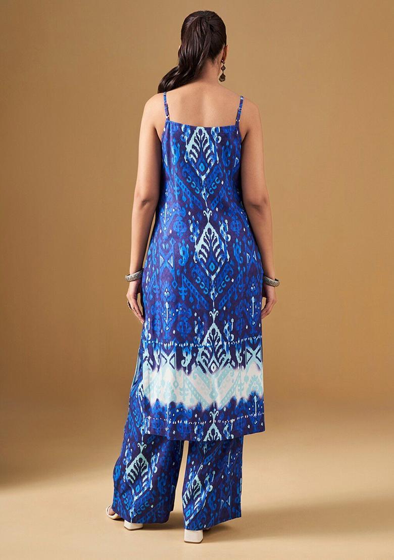 Blue Printed Viscose Straight Kurta Sets - Indya