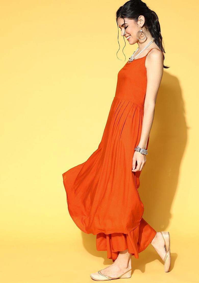Orange Solid Viscose A Line Kurta Sets - Indya