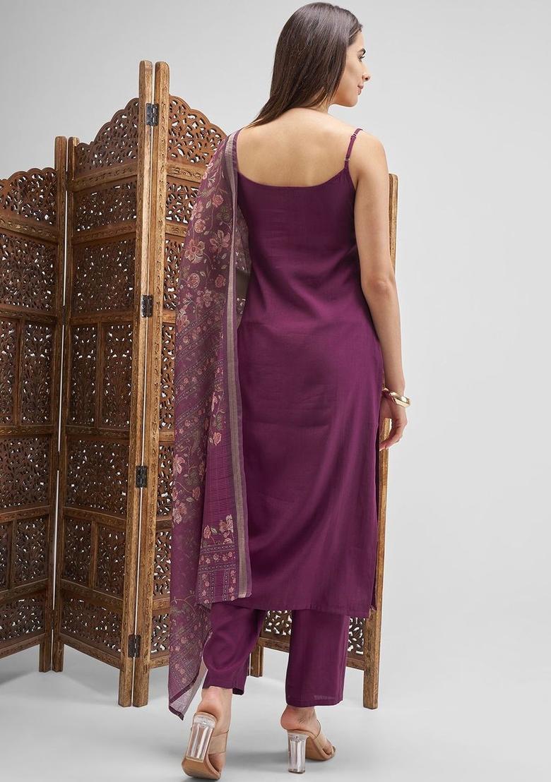 Purple Embroidered Polyester Straight Kurta Sets - Indya