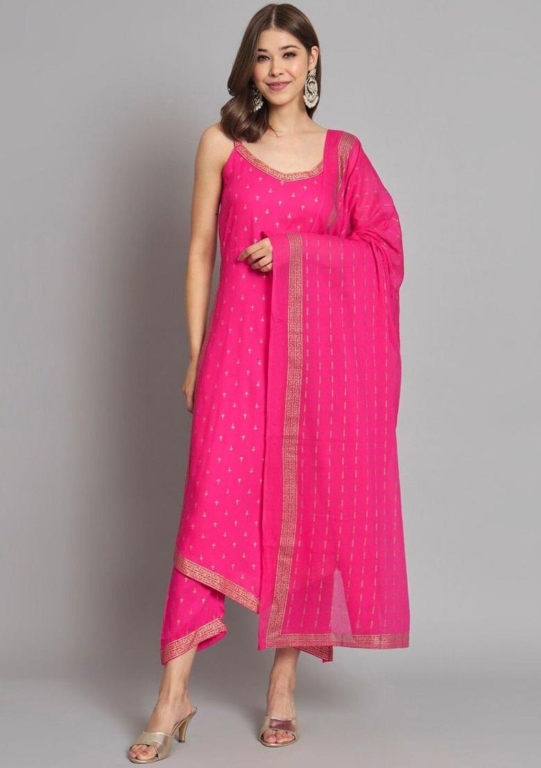 Pink Printed Viscose Straight Kurta Sets - Indya