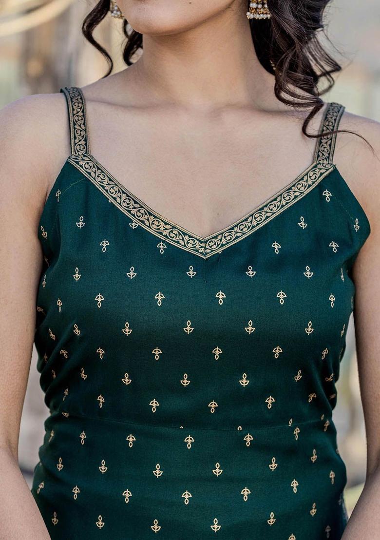 Green Printed Viscose Straight Kurta Sets - Indya