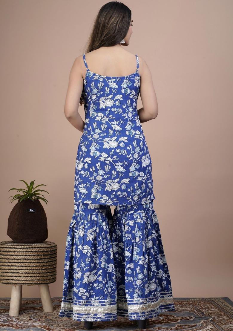 Blue Printed Cotton Straight Kurta Sets - Indya