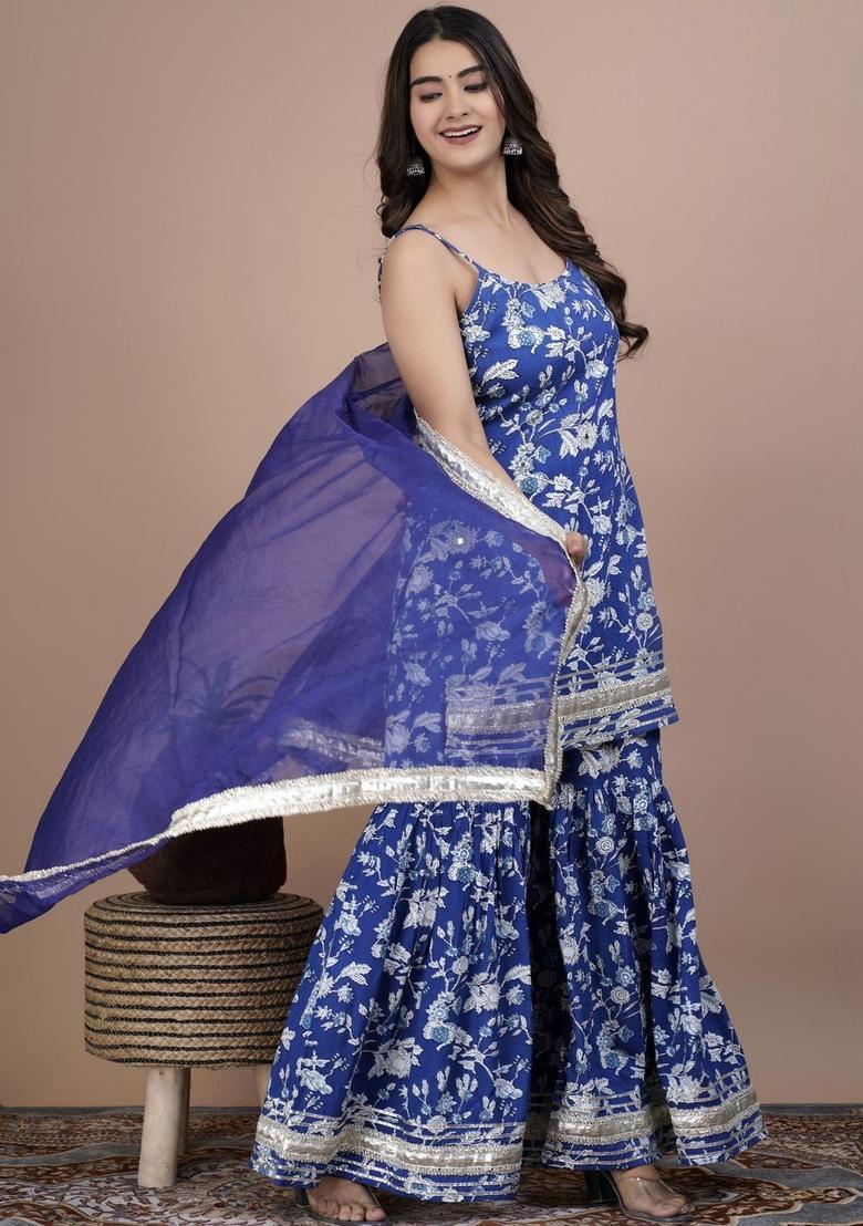 Blue Printed Cotton Straight Kurta Sets - Indya