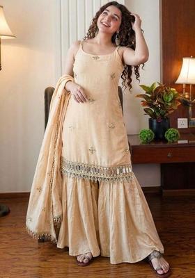 Peach Embroidered Silk Straight Kurta Sets