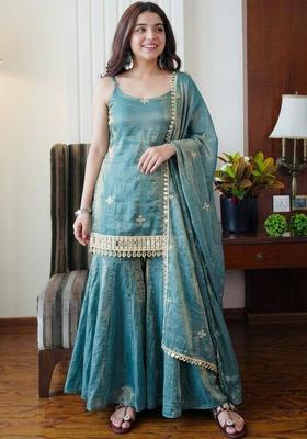 Teal Embroidered Silk Straight Kurta Sets