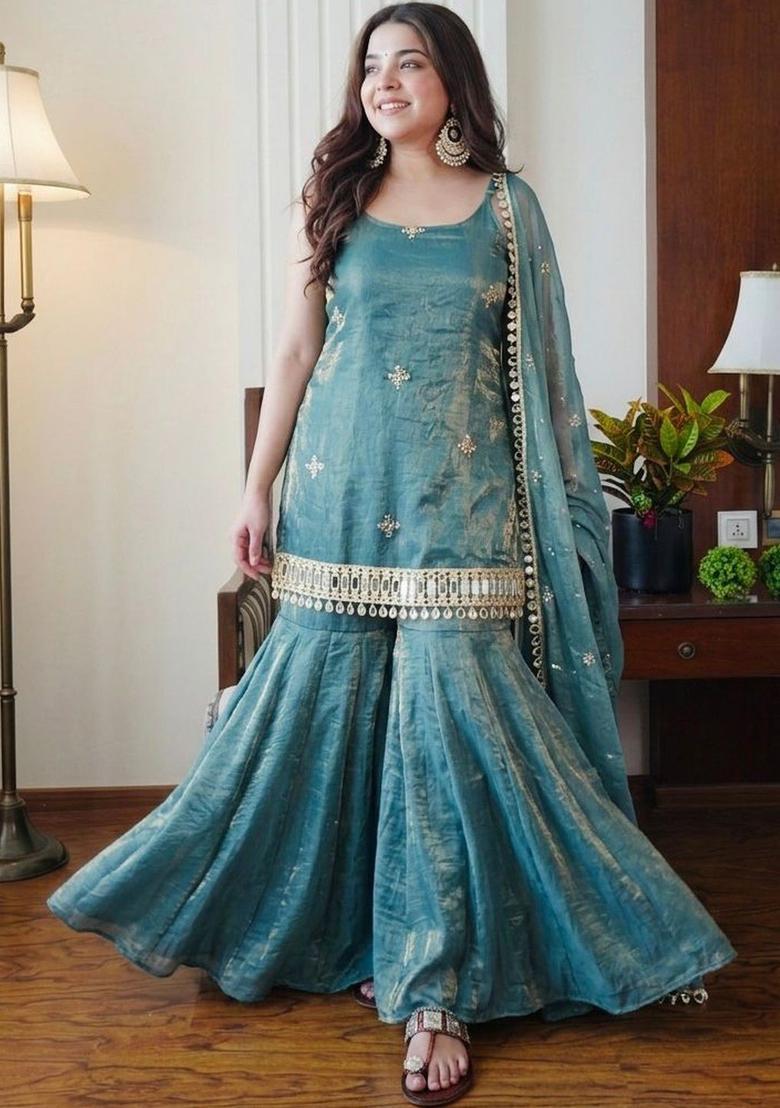Teal Embroidered Silk Straight Kurta Sets - Indya