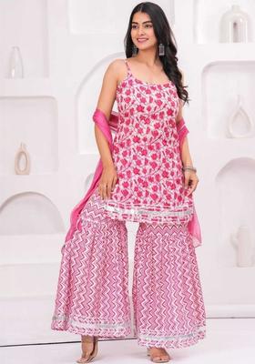 White Printed Cotton Straight Kurta Sets