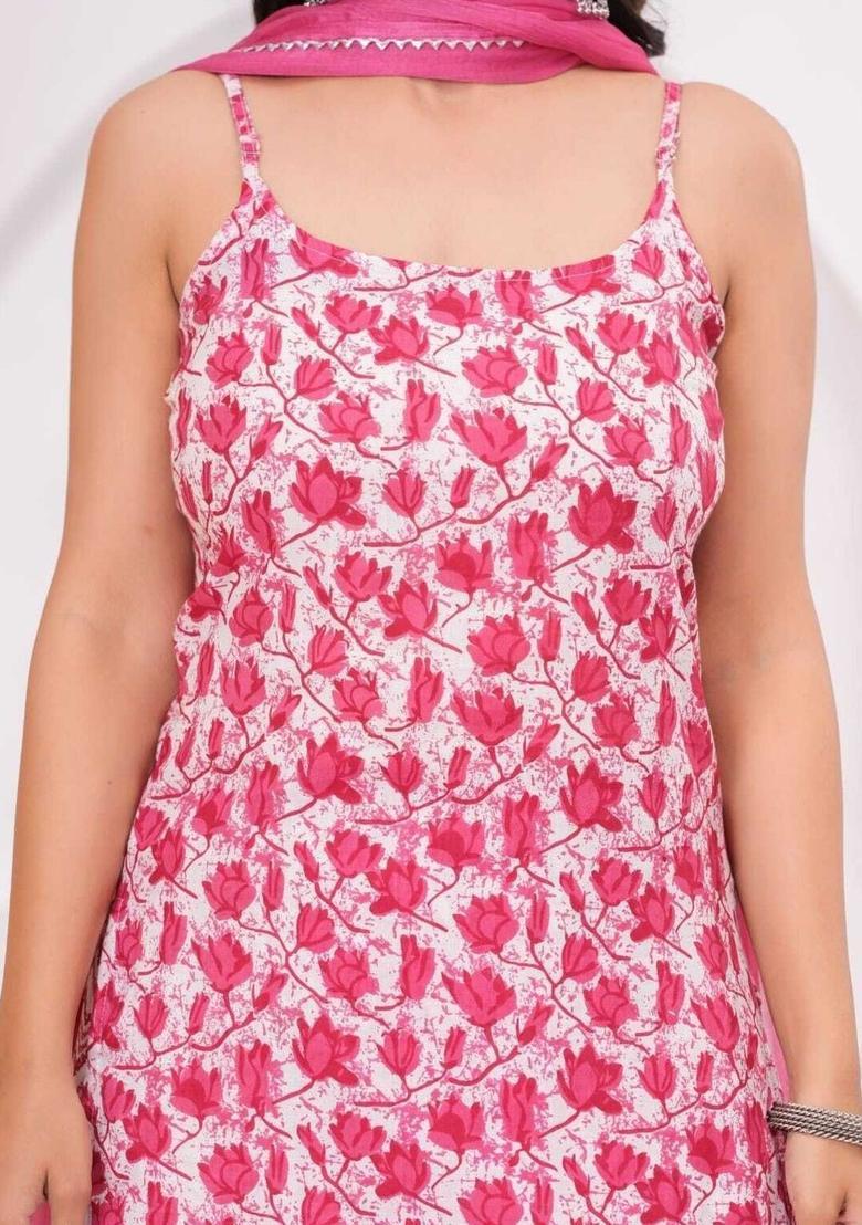 White Printed Cotton Straight Kurta Sets - Indya