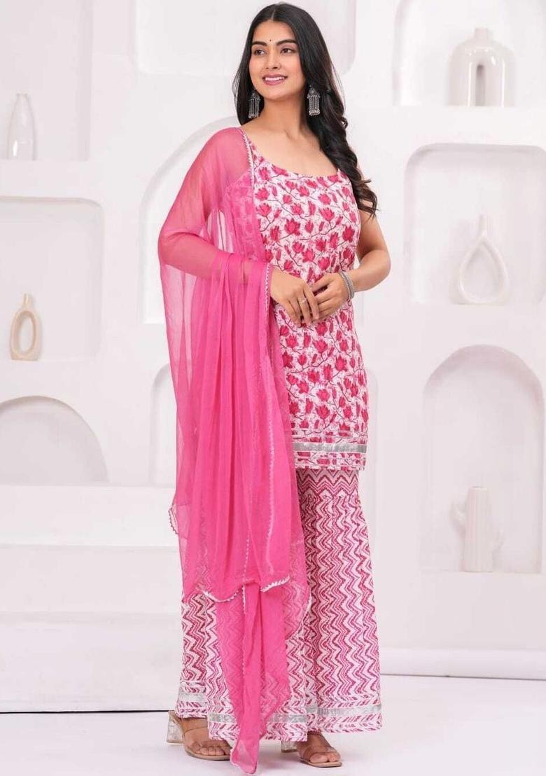 White Printed Cotton Straight Kurta Sets - Indya