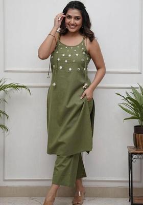 Olive Embroidered Cotton Straight Kurta Sets