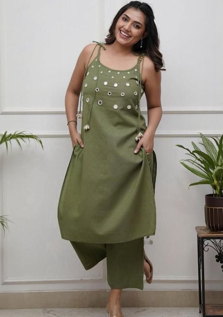 Olive Embroidered Cotton Straight Kurta Sets - Indya