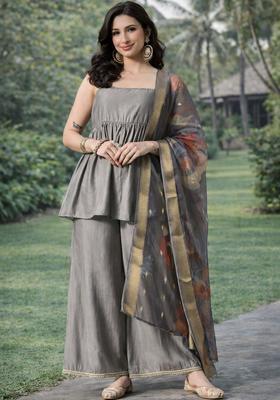 Grey Solid Silk A Line Kurta Sets