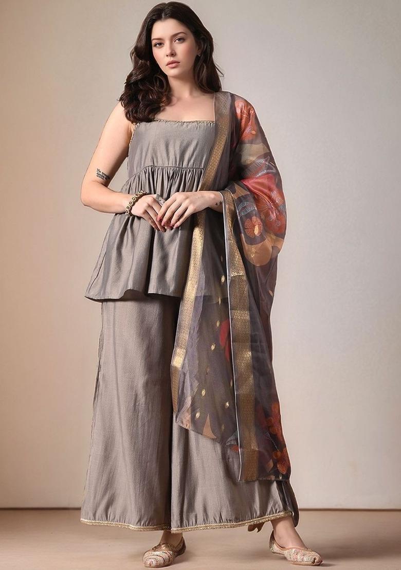 Grey Solid Silk A Line Kurta Sets - Indya