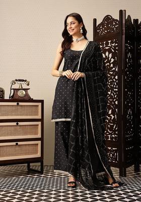 Black Printed Polyester Straight Kurta Sets