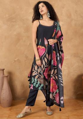 Black Printed Silk Straight Kurta Sets