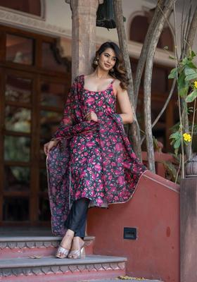 Black Printed Cotton Anarkali Sets