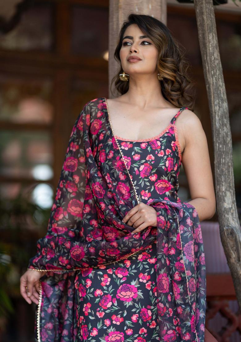 Black Printed Cotton Anarkali Sets - Indya