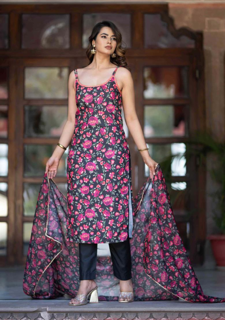 Black Printed Cotton Anarkali Sets - Indya