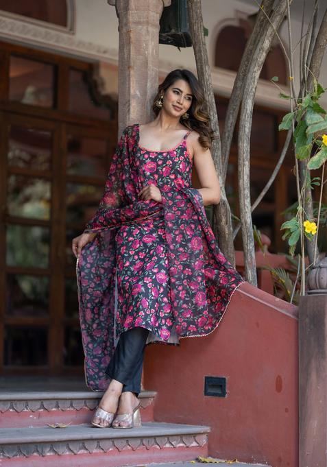 Black Printed Cotton Anarkali Sets — view on Indya