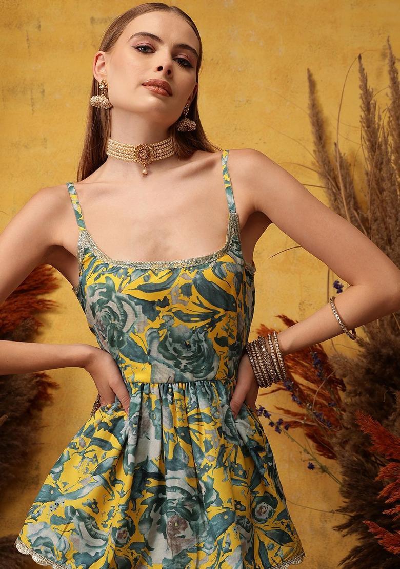 Yellow Printed Viscose A Line Kurta Sets - Indya