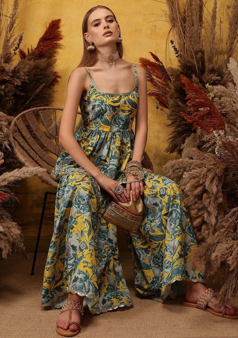 Yellow Printed Viscose A Line Kurta Sets - Indya