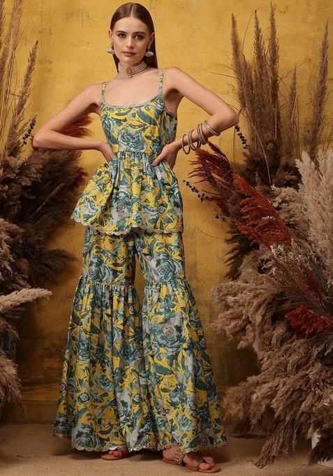 Yellow Printed Viscose A Line Kurta Sets — view on Indya