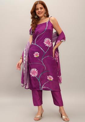 Purple Printed Crepe Straight Kurta Sets